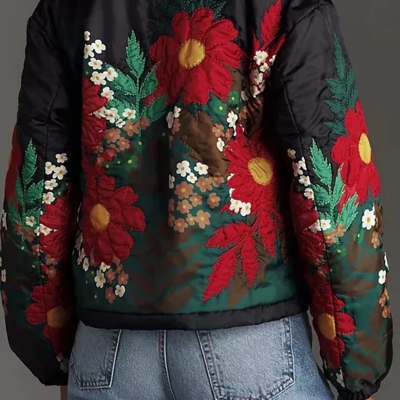 Anthropologie XL Floral Embroidered Bomber Jacket | Quilted Puffer Coat - Picture 4 of 9